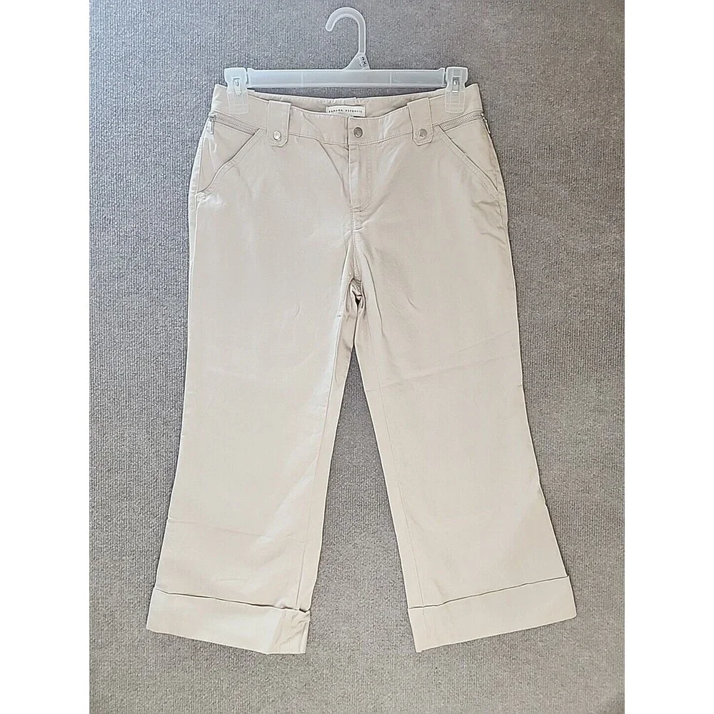 Banana Republic Wide Leg Crop Pants Womens 6 Beige Cuffed Snaps Zippers Cotton